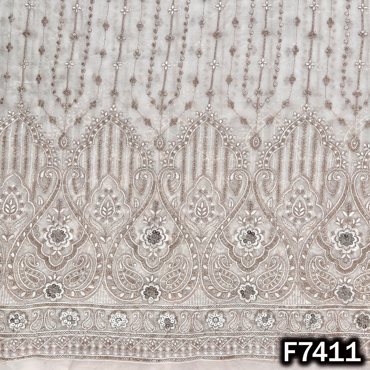 White georgette fabric with ornate paisley floral border
