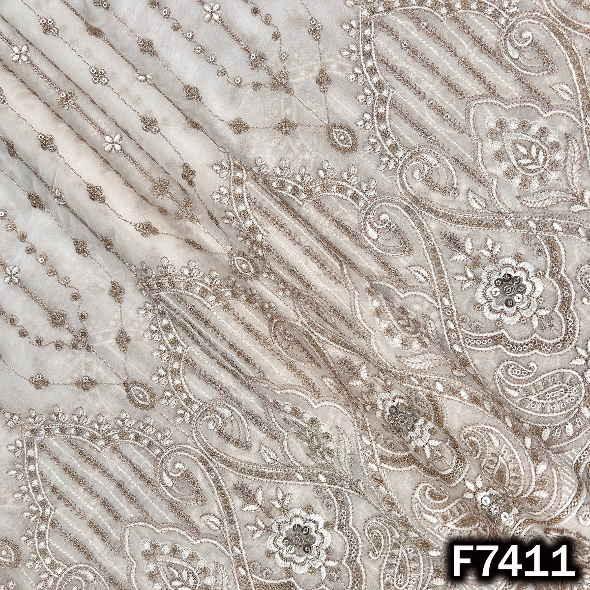 Embroidered georgette fabric with zari sequin paisley motifs