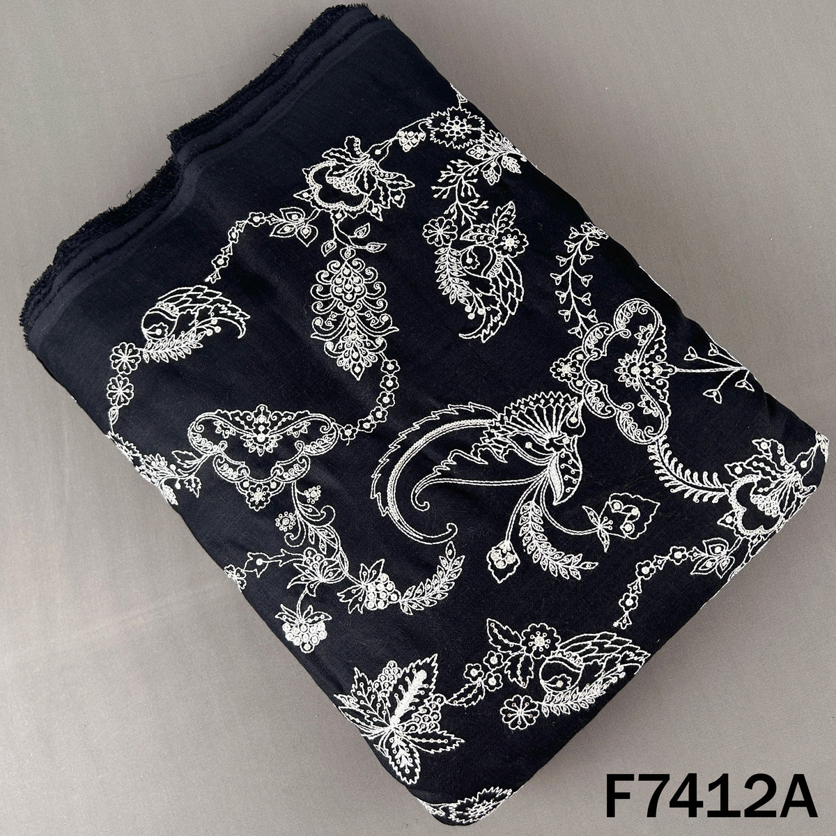 Black linen fabric with white thread sequin embroidery