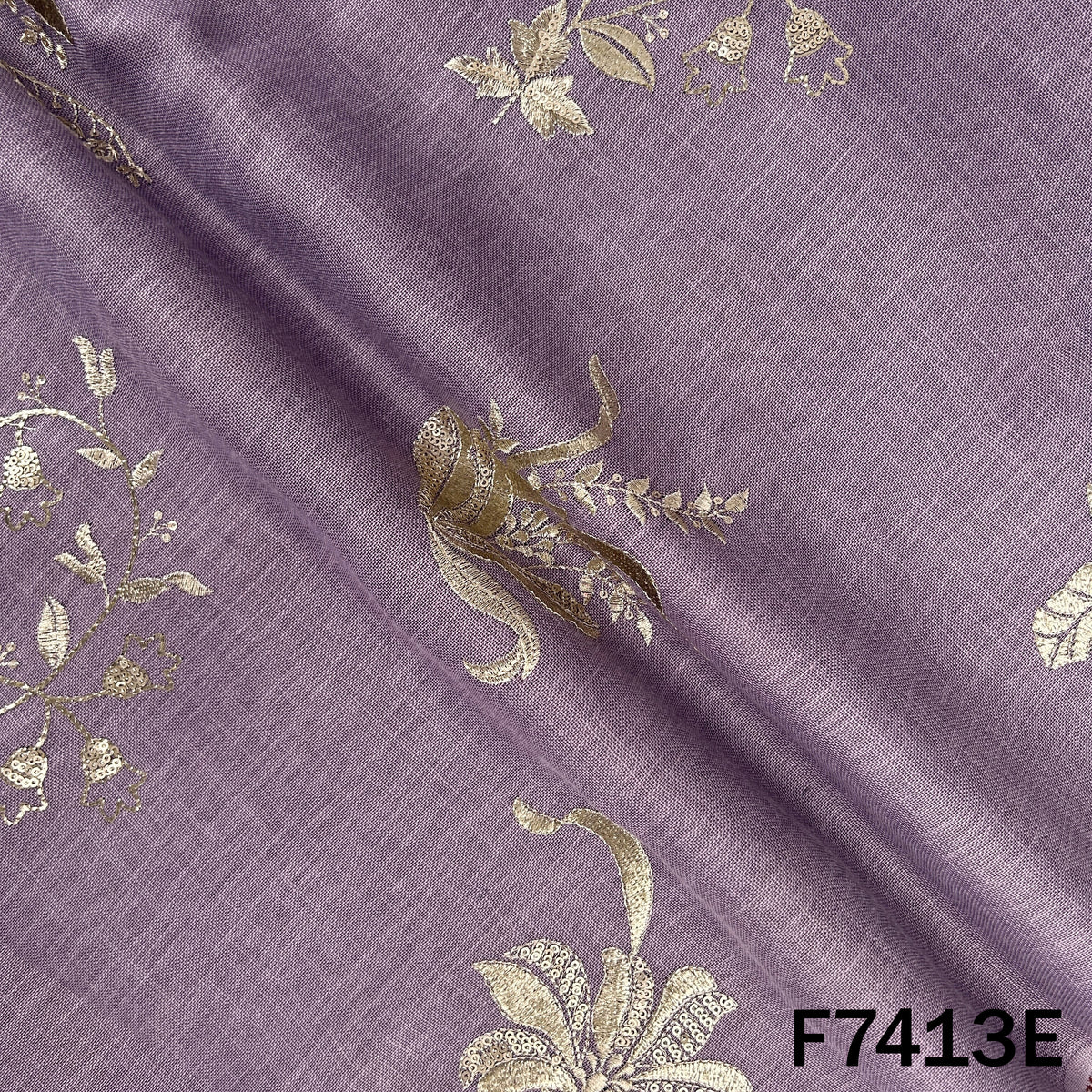 Lavender linen suit material with zari leafy motifs