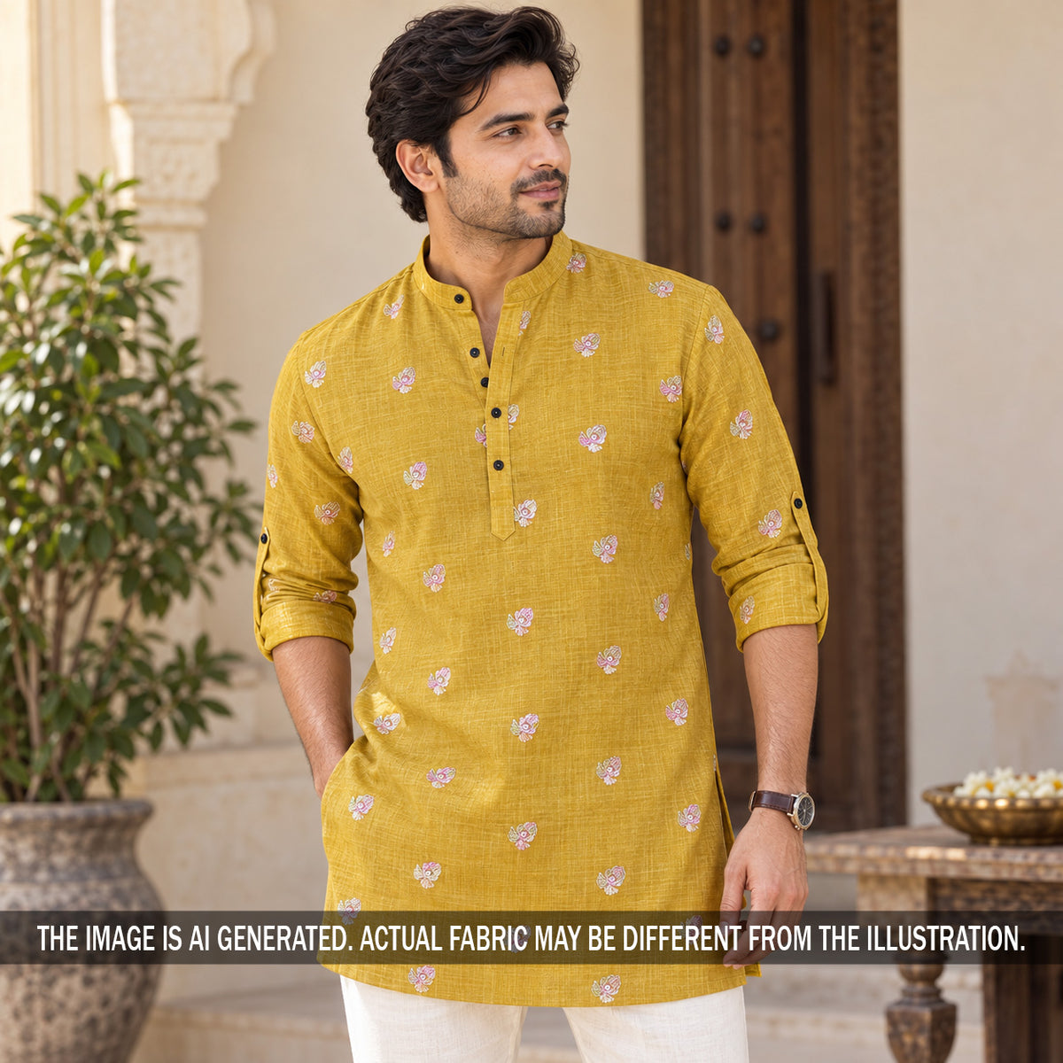 Mustard embroidered linen kurta fabric styled on model
