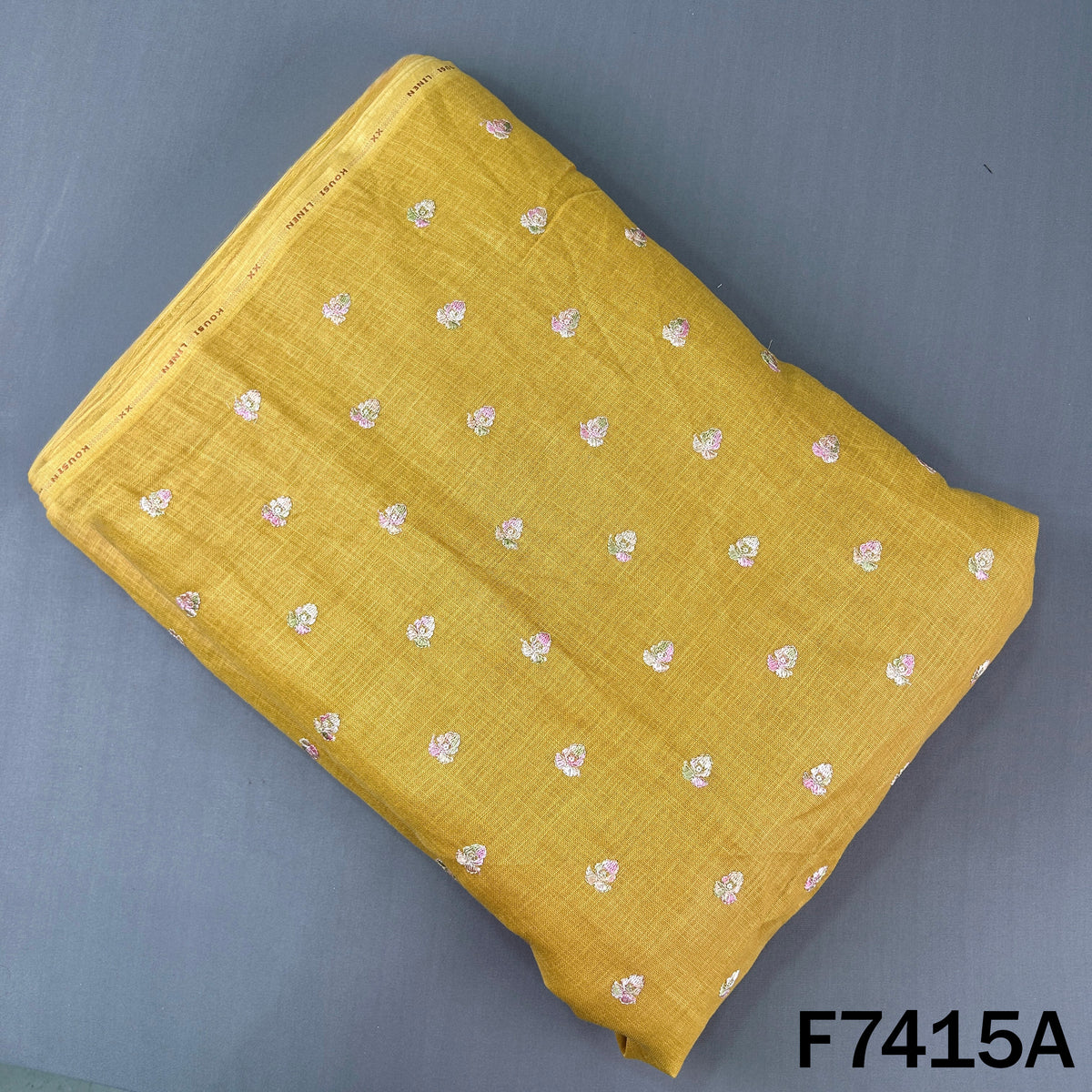 Mustard linen fabric with multicolor floral buti embroidery