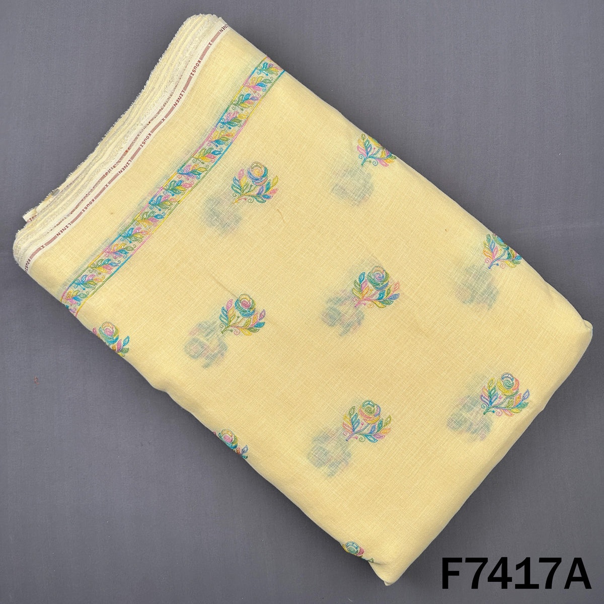 Yellow linen fabric with multicolor floral buti embroidery