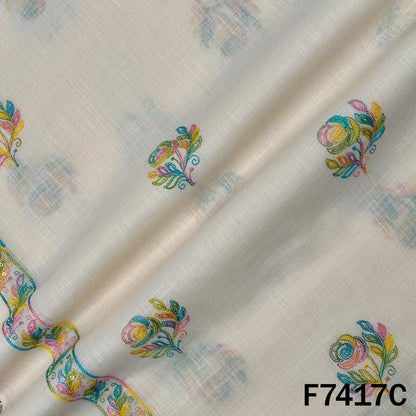 Ivory designer linen fabric with floral thread motifs