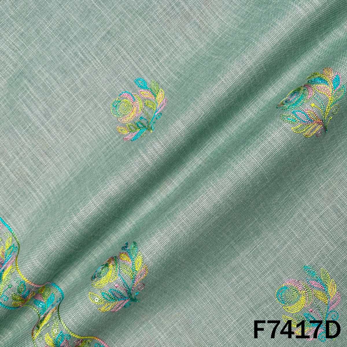 Mint linen suit fabric with colorful floral butis