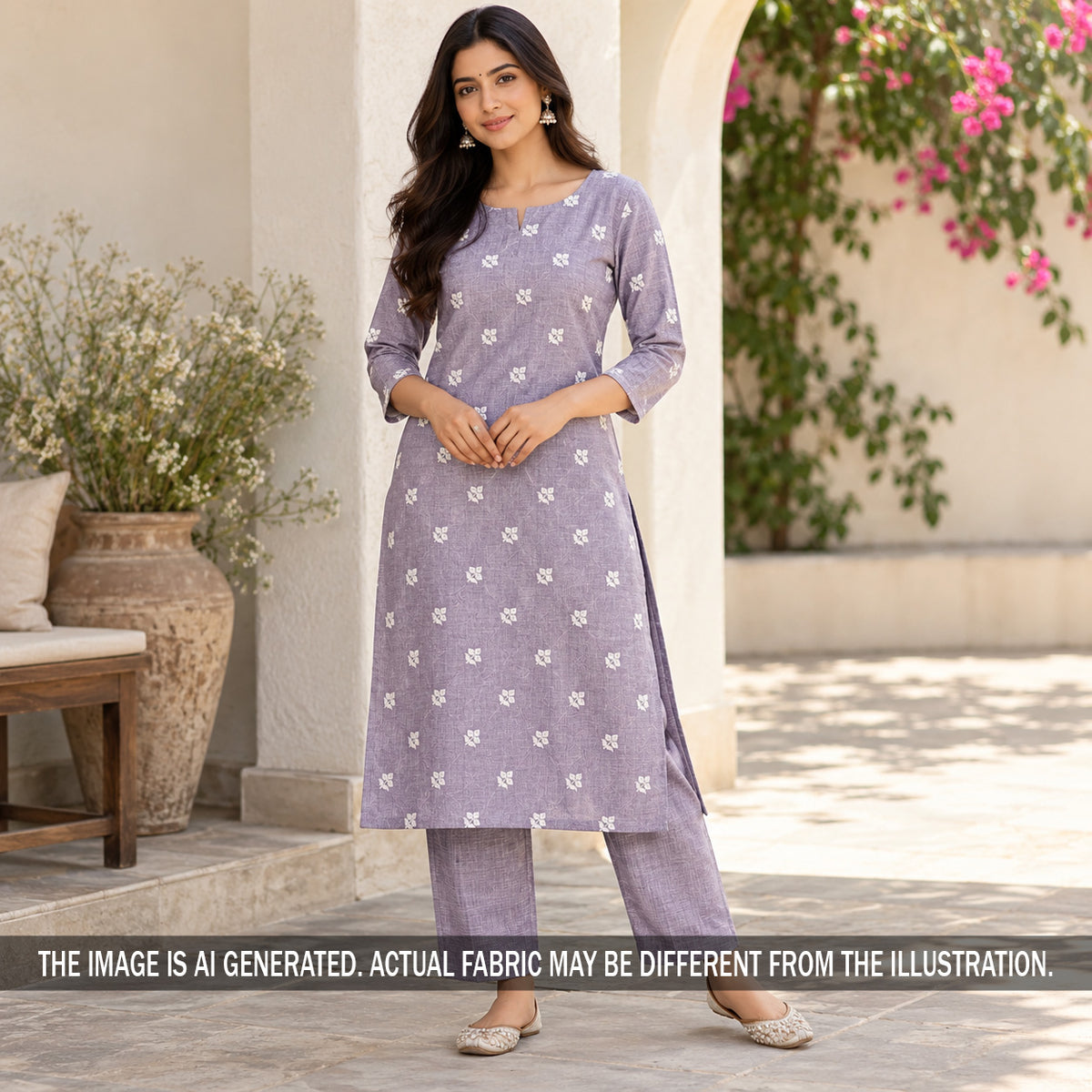 Lavender embroidered linen co-ord styled on model