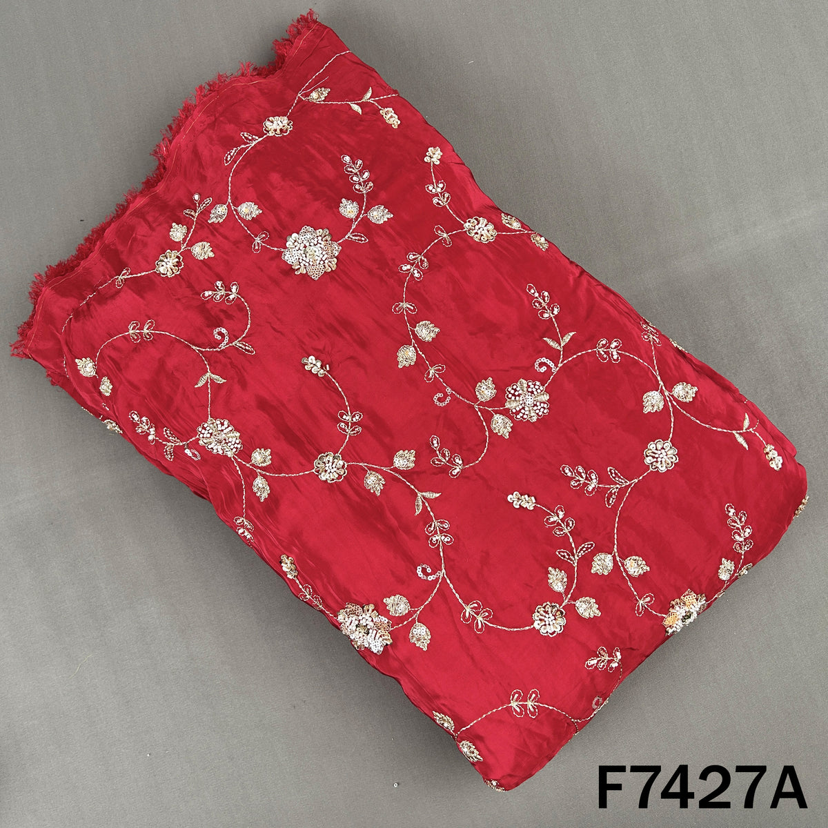 Red crepe fabric with cut dana floral embroidery