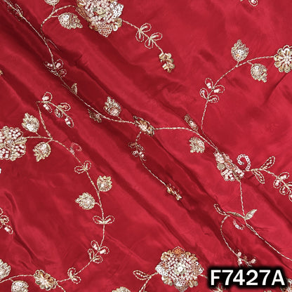 Red designer crepe fabric with zari sequin vines
