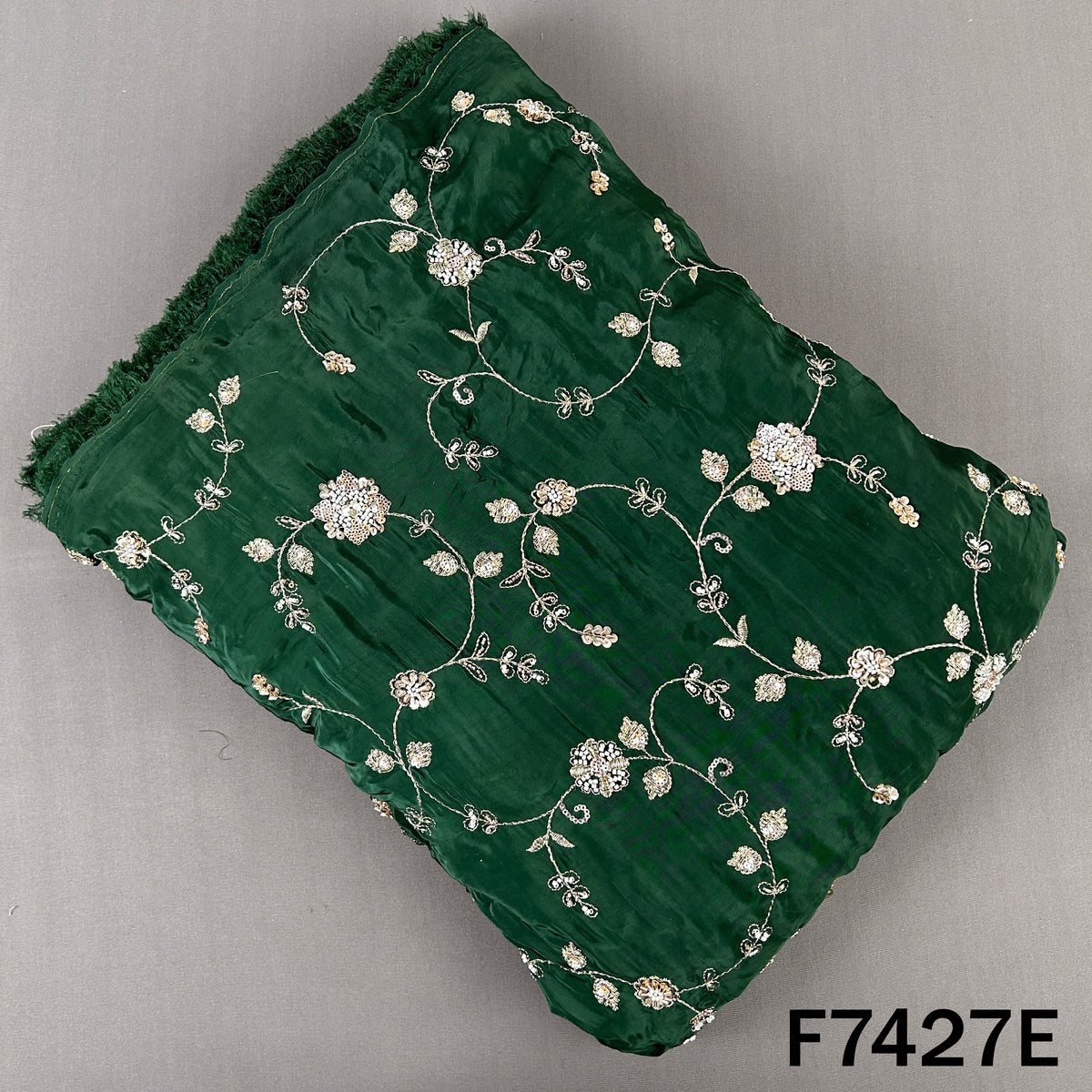 Dark green crepe fabric with floral zari embroidery