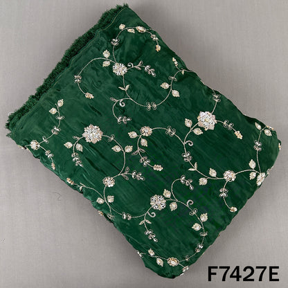 Dark green crepe fabric with floral zari embroidery