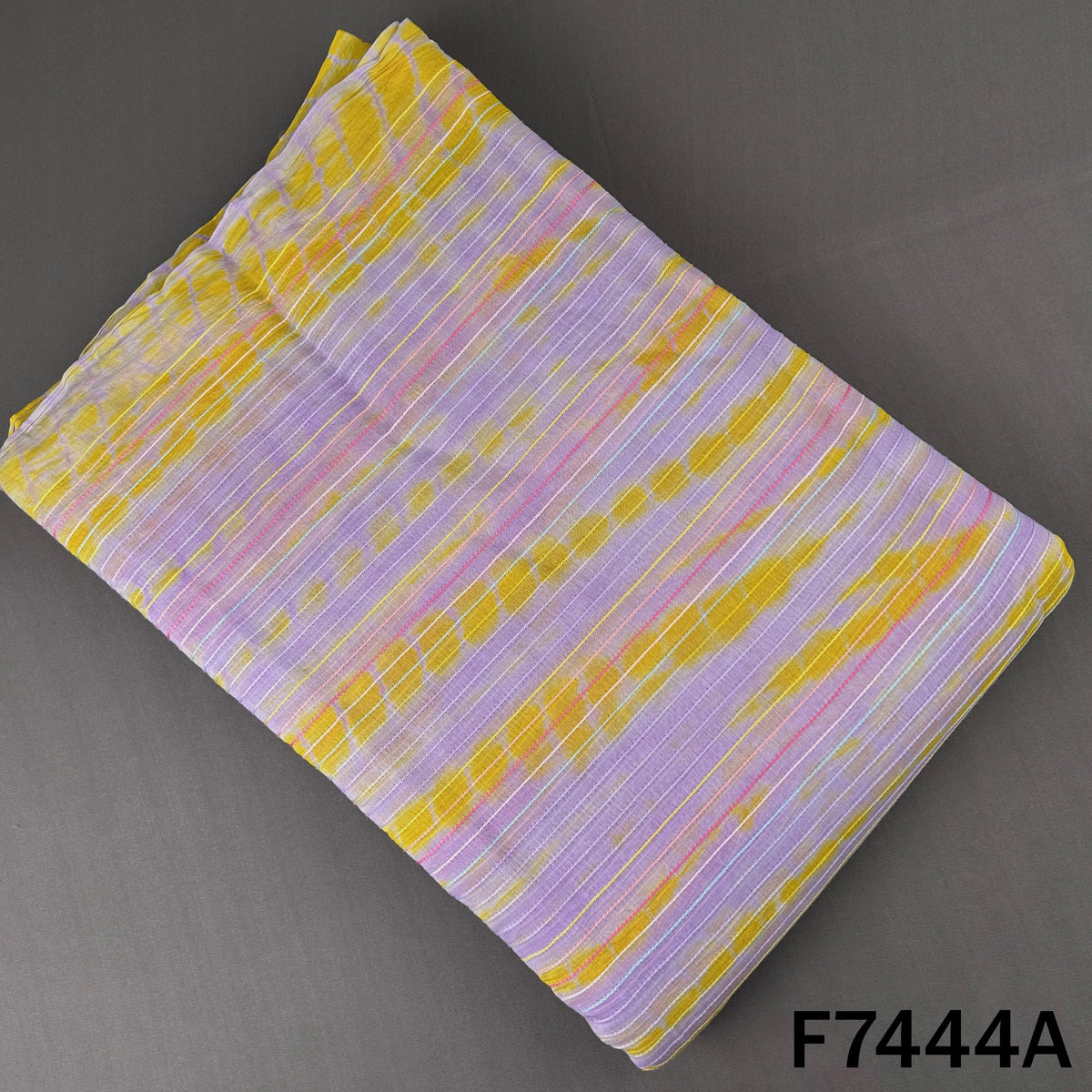 Lavender Chanderi fabric with yellow tie dye stripes