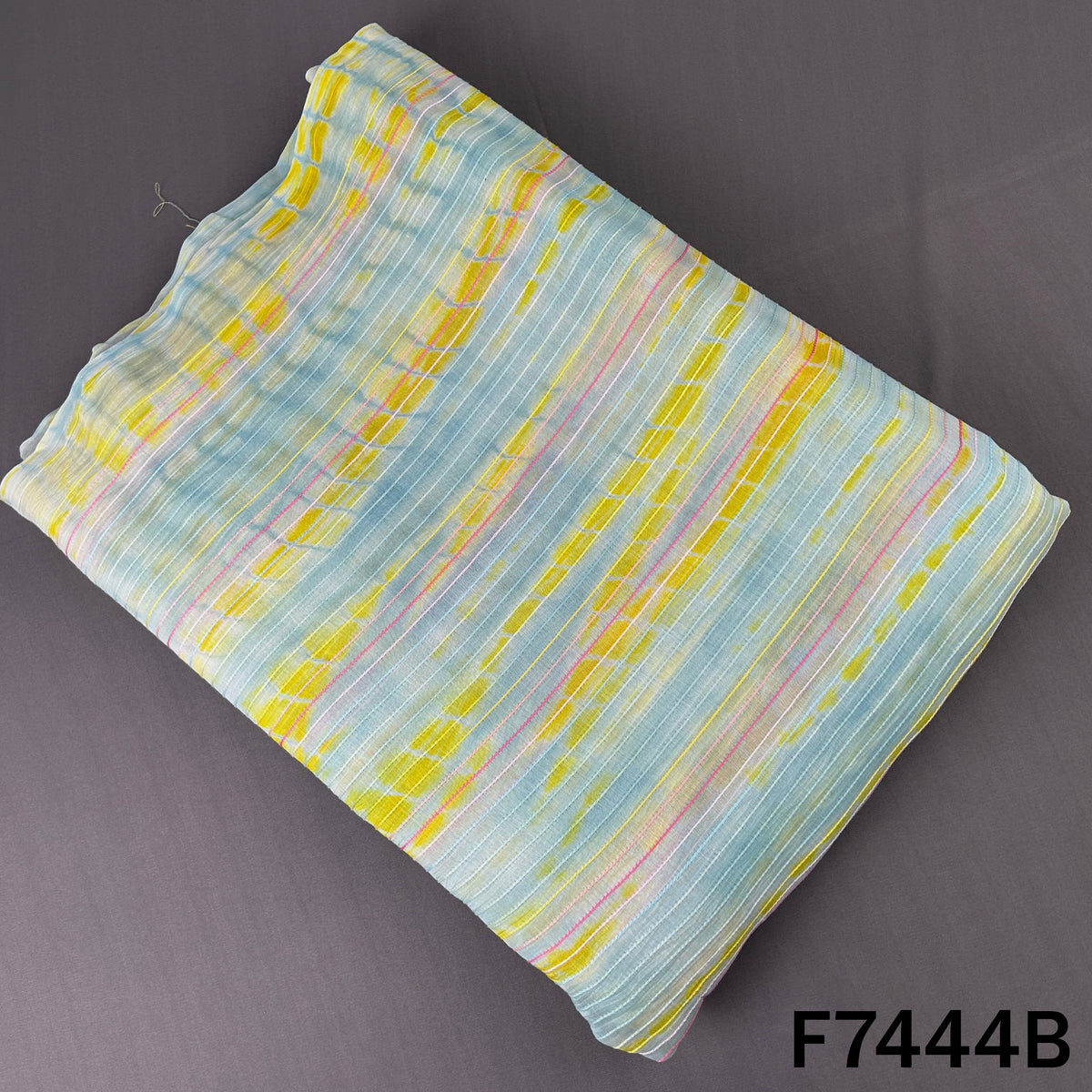 Aqua Chanderi fabric with yellow tie dye stripes