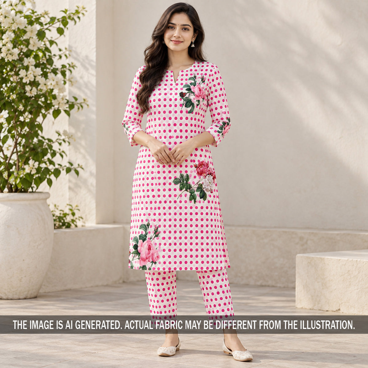 Pink floral crepe suit material styled on model
