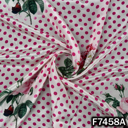 Printed crepe fabric with pink polka dots and roses