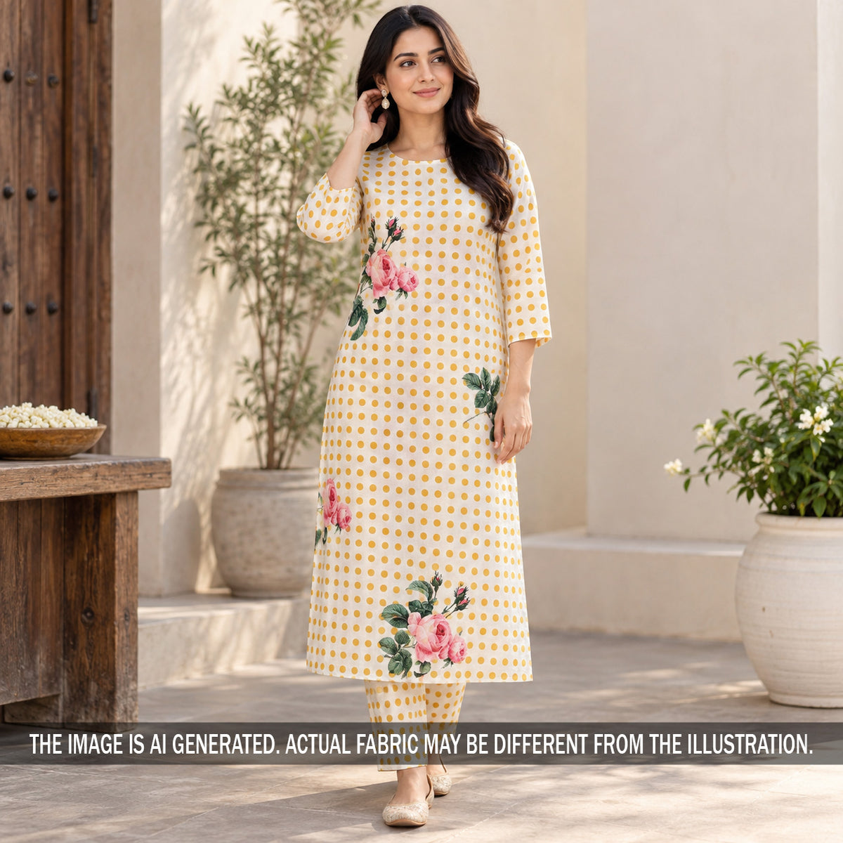 Yellow floral crepe suit styled on model