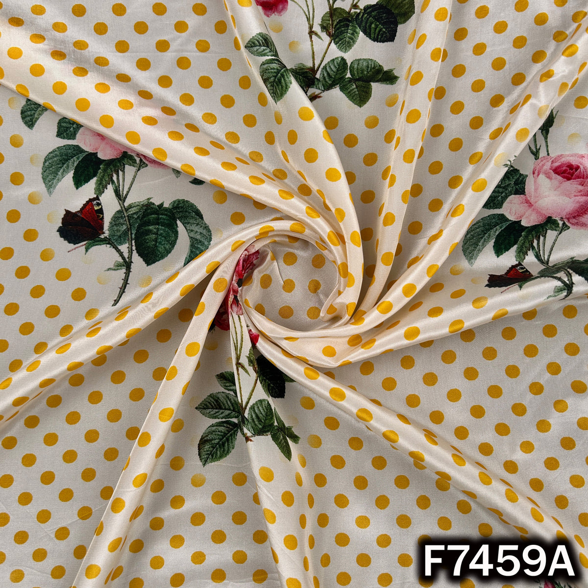 Printed crepe fabric with yellow dots and roses