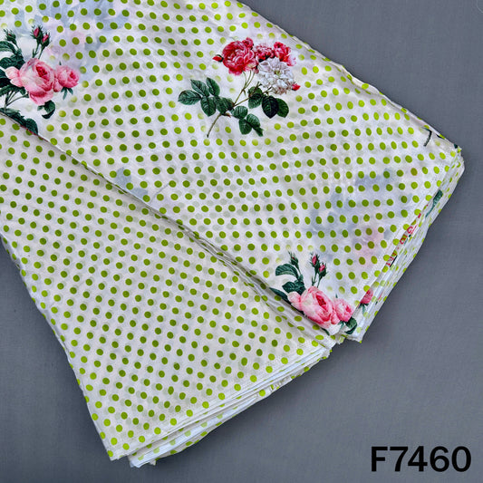 Lime green polka dot crepe fabric with roses