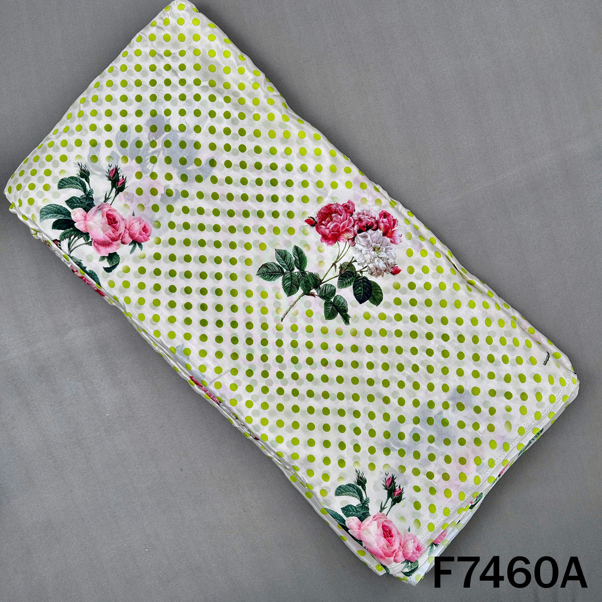 White crepe top fabric with roses and polka dots