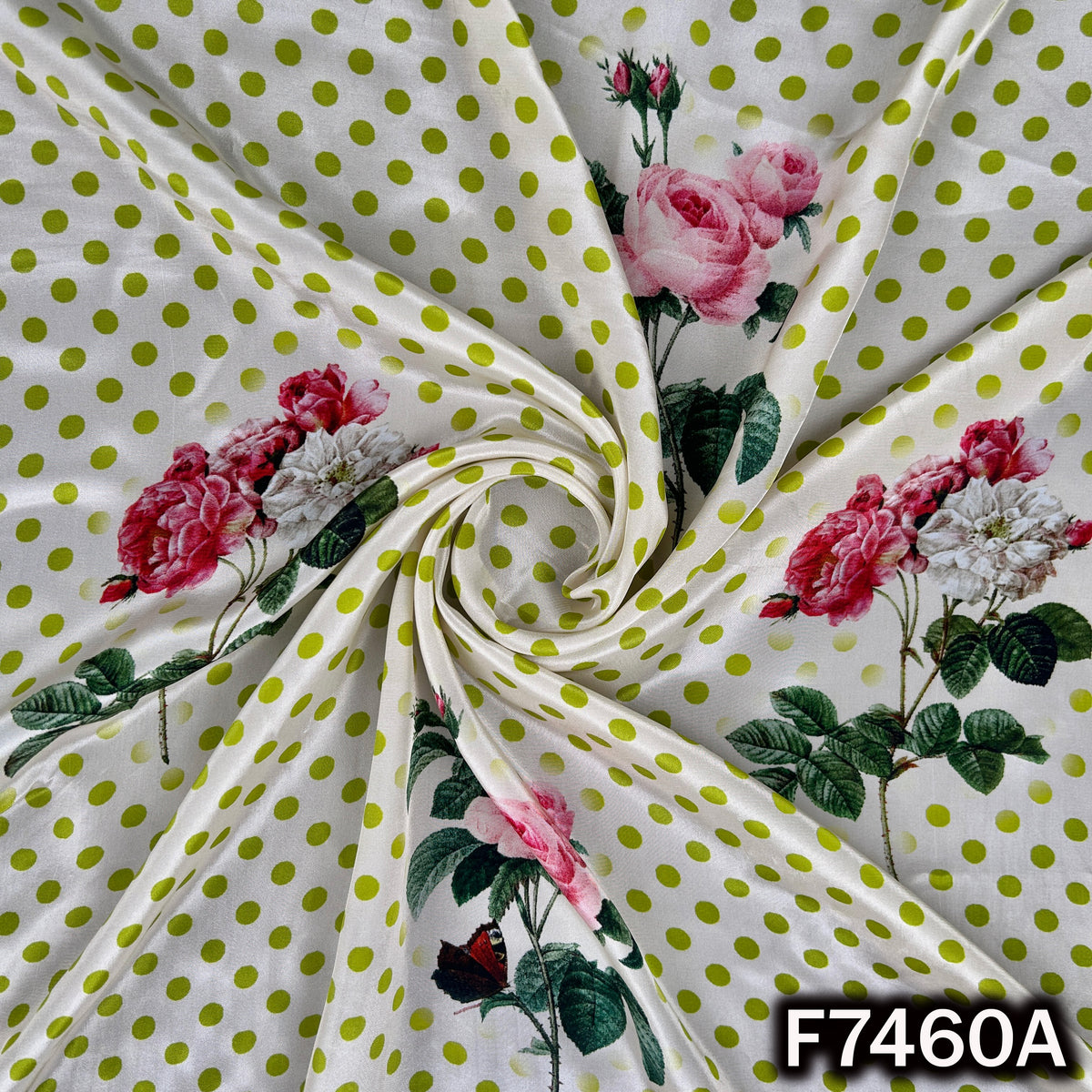 Printed crepe fabric with pink roses and green dots