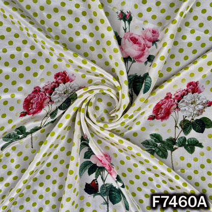 Printed crepe fabric with pink roses and green dots