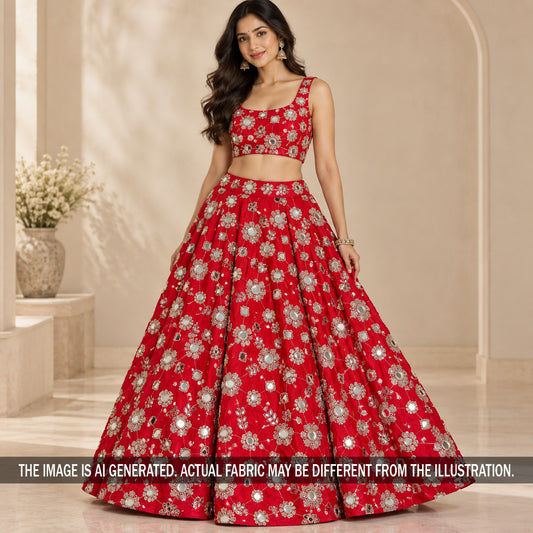Red embroidered crepe lehenga fabric styled on model