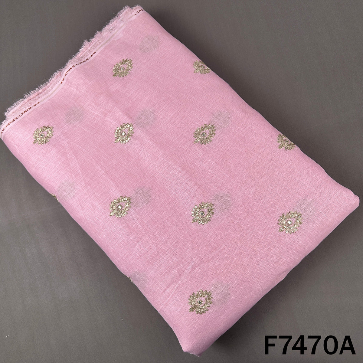 Pink linen fabric with metallic zari sequins work
