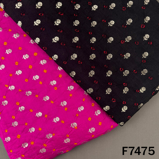 Pink and black Bandhani silk fabric with zari motifs