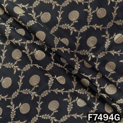 Black designer brocade fabric with golden vine weave
