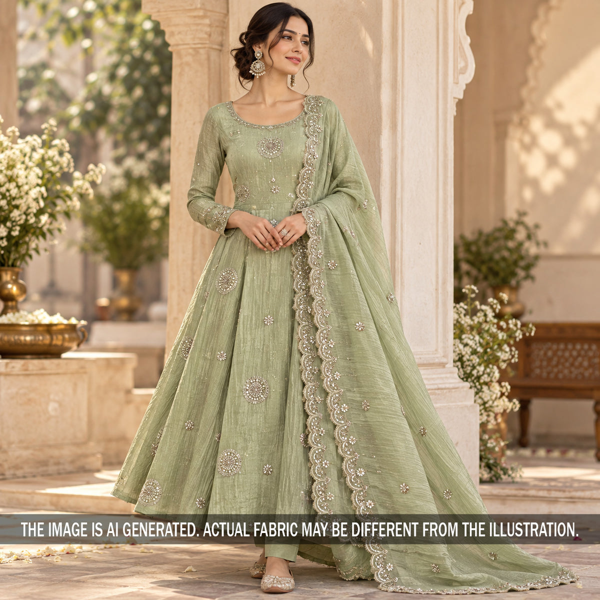 Sage green embroidered crush tissue suit on model
