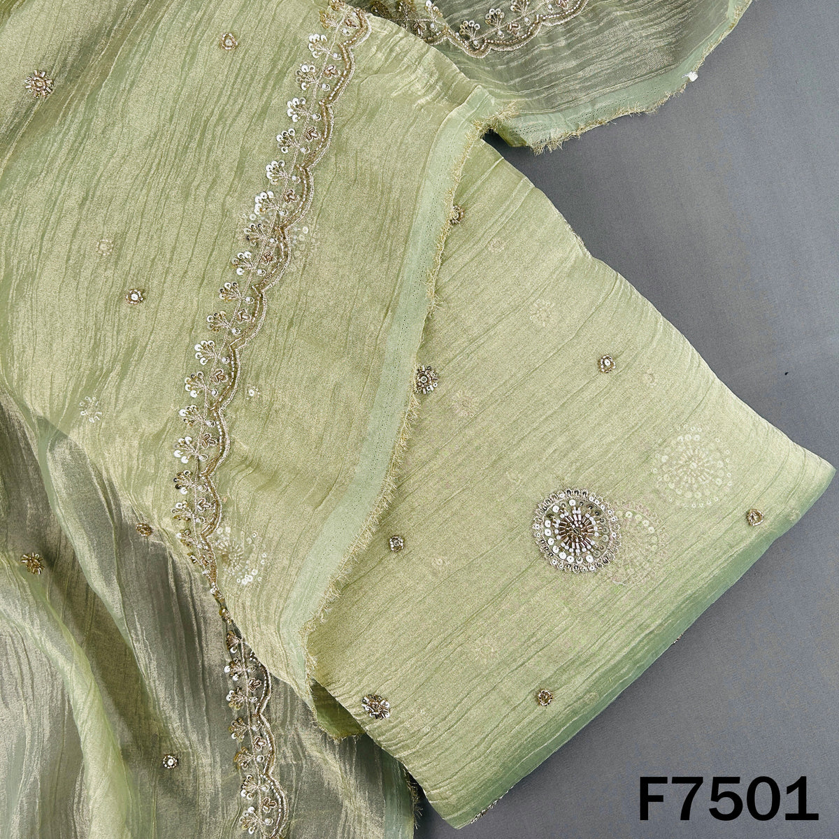Sage green crush tissue suit with pearl zari embroidery