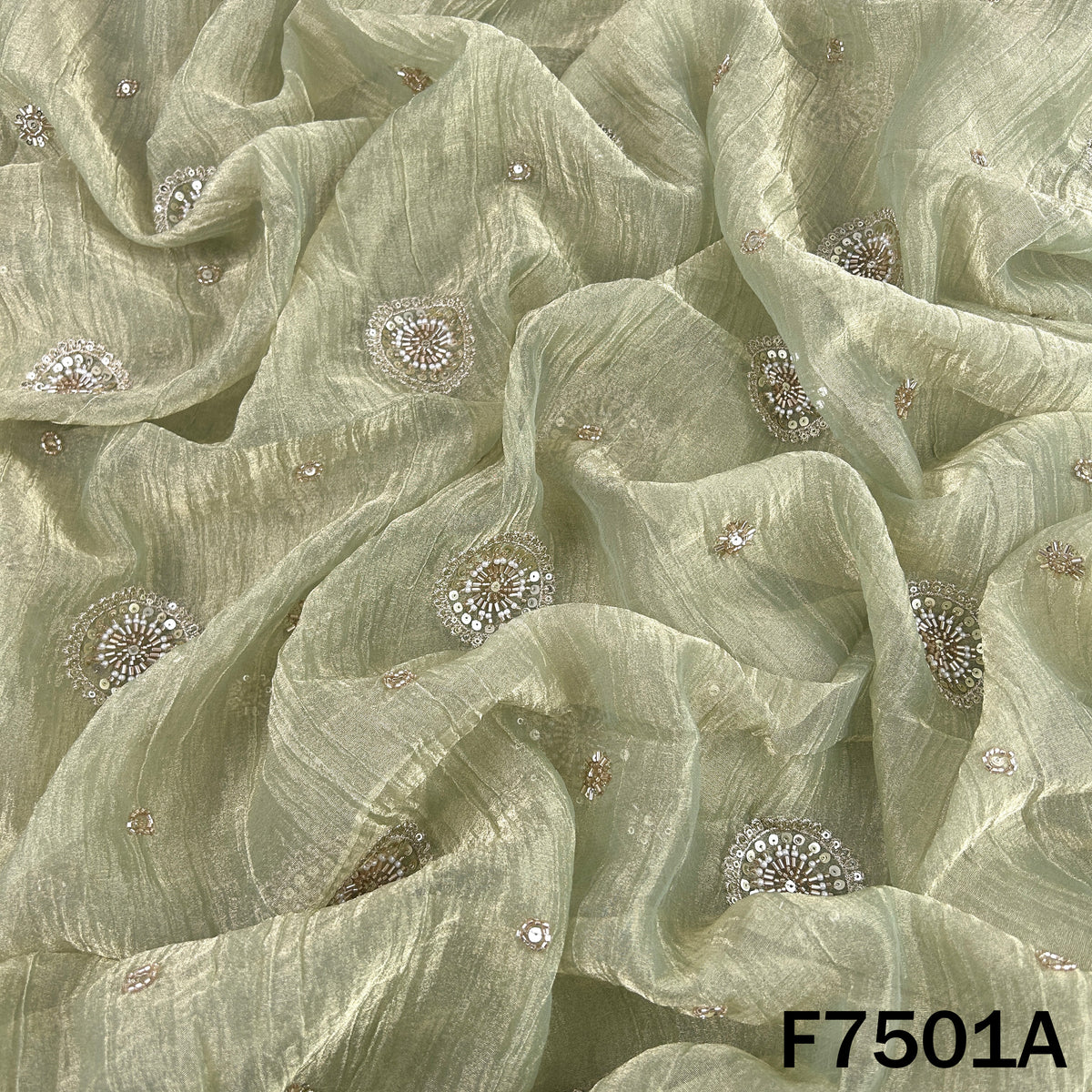 Sage designer tissue fabric with cut dana embroidery