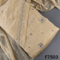 Beige crush tissue suit fabric with pearl zari embroidery