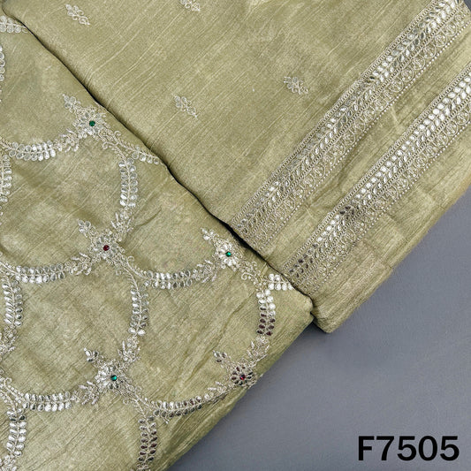 Olive crush tissue suit fabric with zari stone embroidery