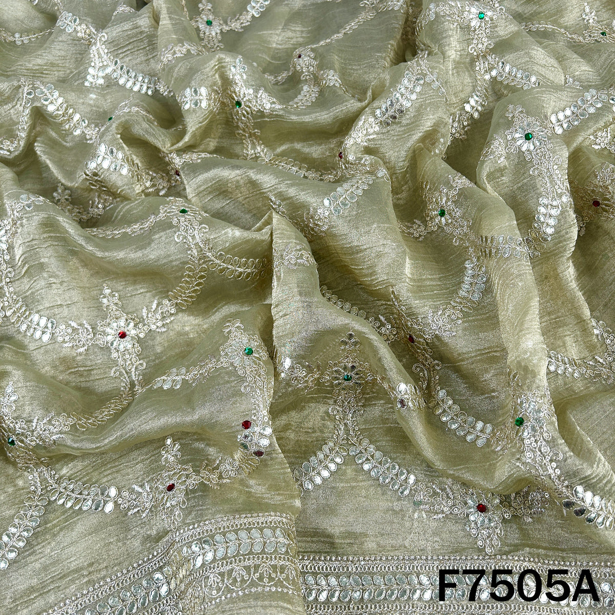 Olive designer tissue fabric with sparkling stone work