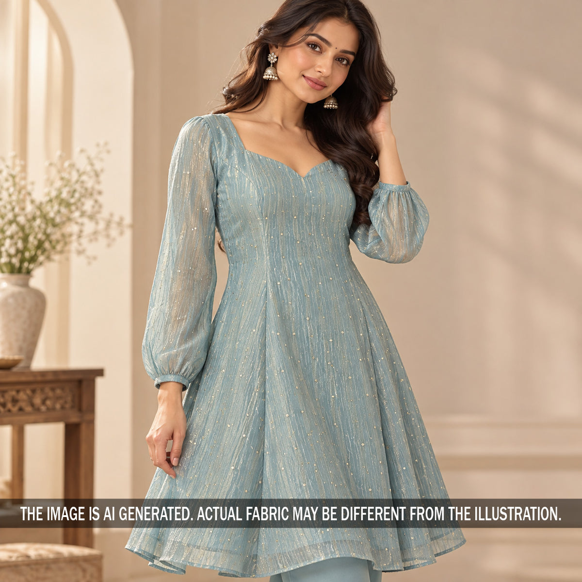 Blue dew drop crush tissue kurta on model