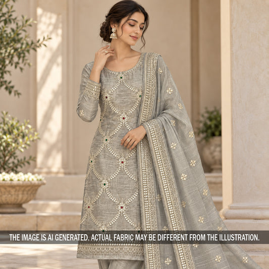 Grey embroidered crush tissue suit styled on model