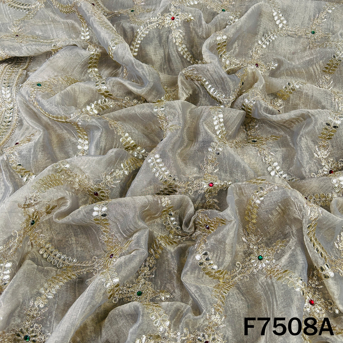 Grey designer tissue fabric with sparkling stone work