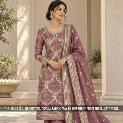 Mauve embroidered crush tissue suit styled on model