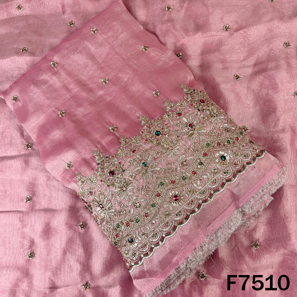 Pink shimmer tissue suit fabric with stone zari embroidery