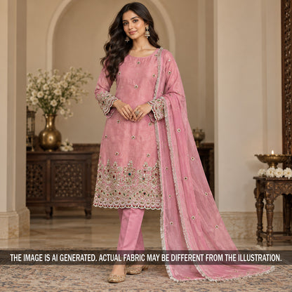 Pink embroidered shimmer tissue suit styled on model