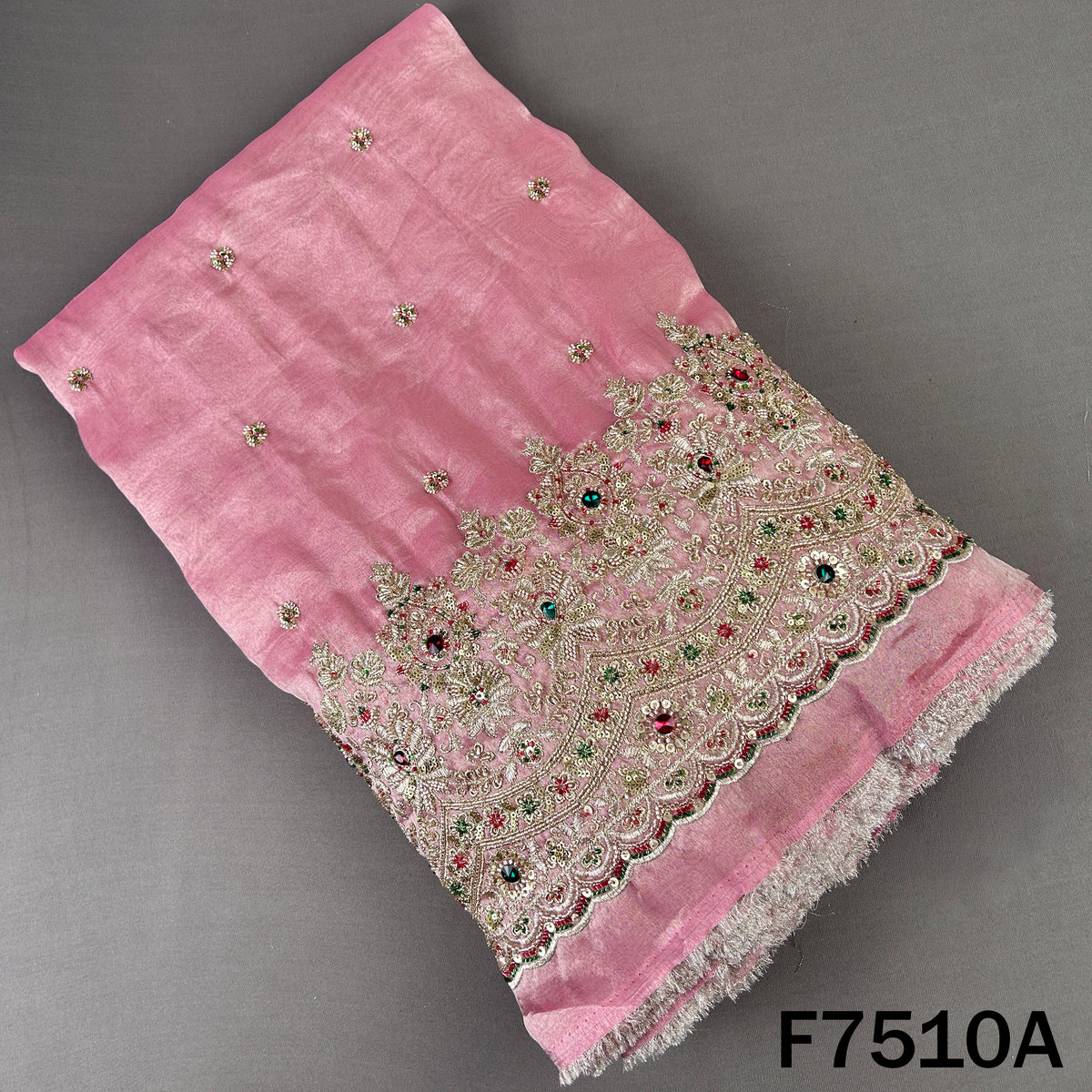 Pink shimmer tissue top with cut dana embroidery