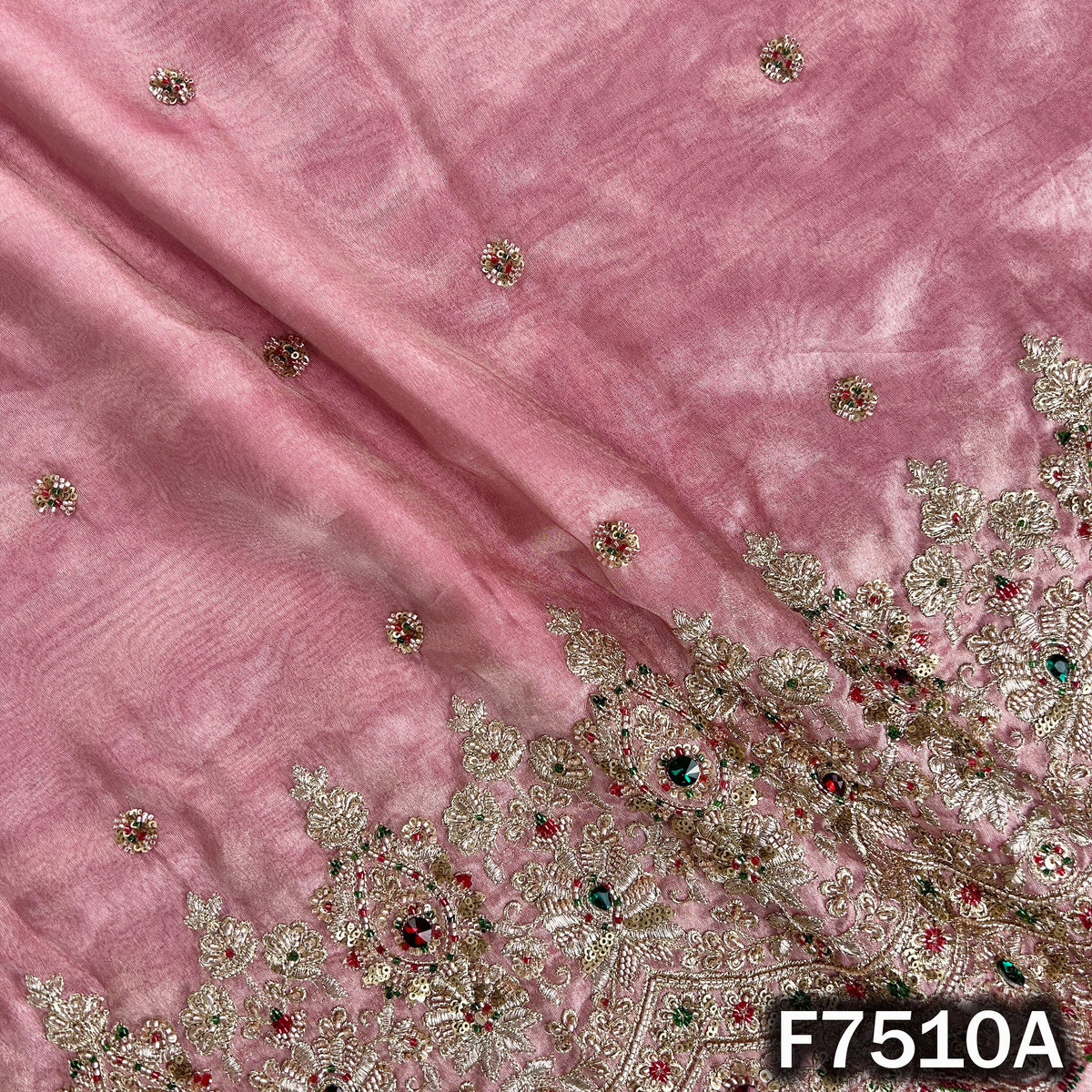 Pink designer tissue fabric with multicolor stone border