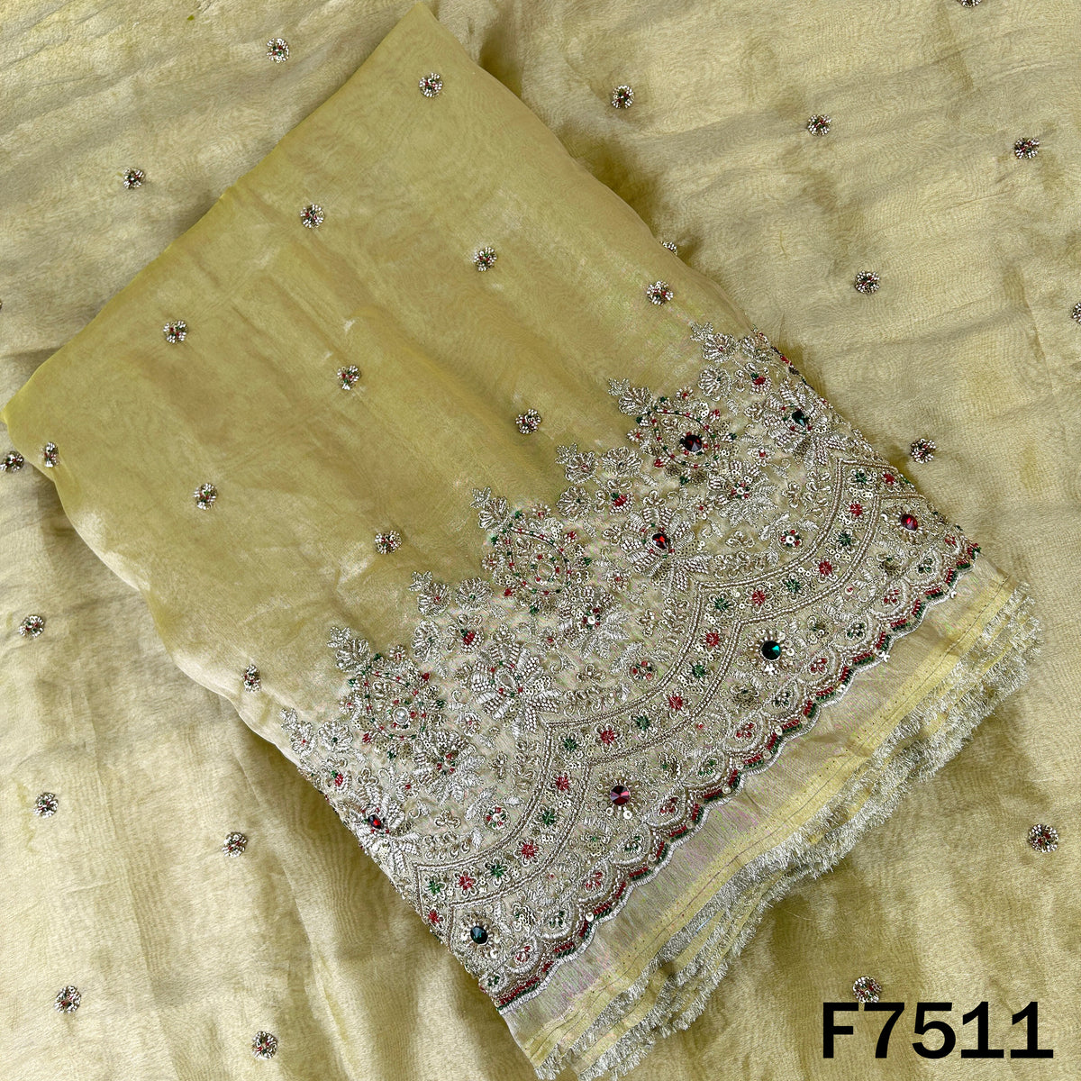 Olive shimmer tissue suit fabric with stone zari embroidery