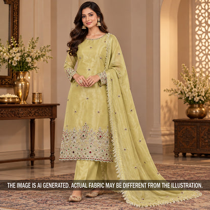 Olive embroidered shimmer tissue suit styled on model