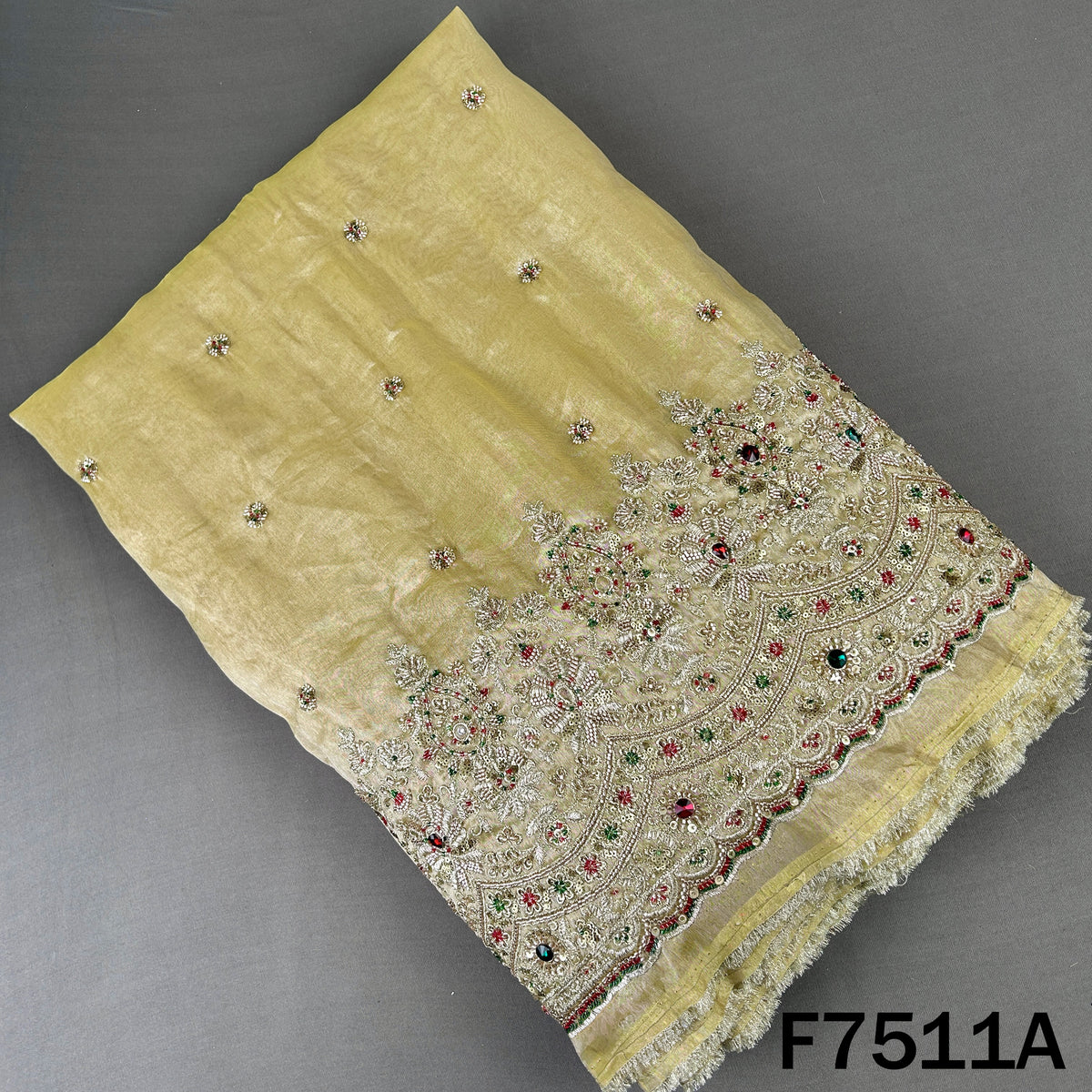 Olive shimmer tissue top with cut dana embroidery