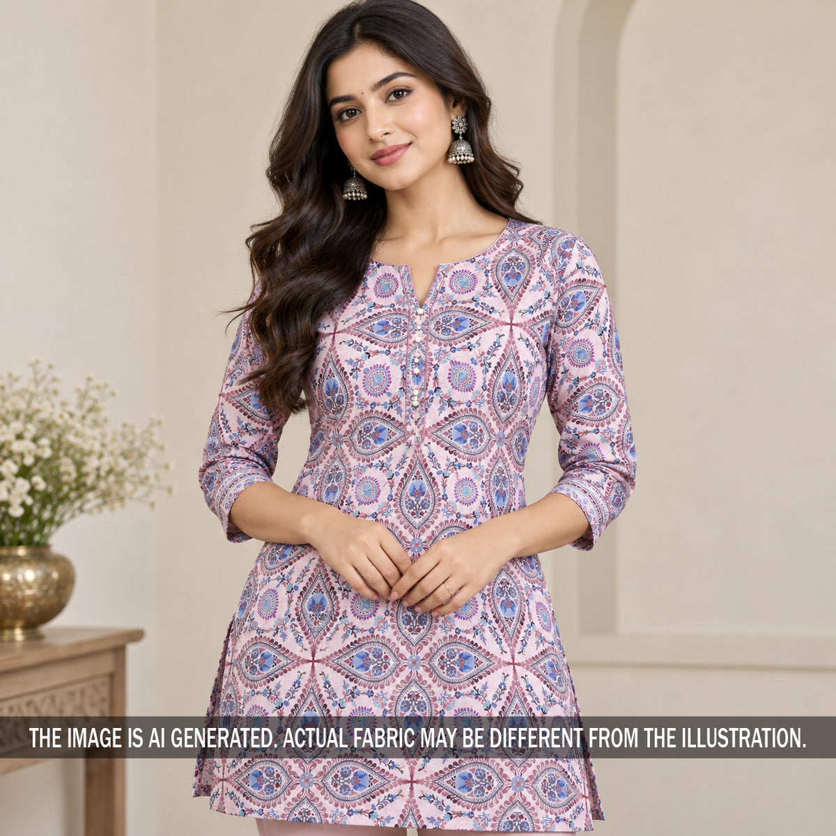 Purple block print linen cotton kurti on model