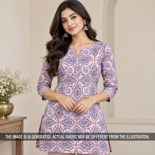 Purple block print linen cotton kurti on model