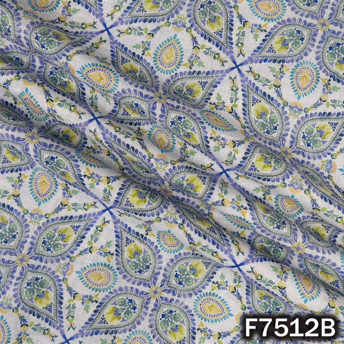 Blue linen cotton fabric with floral paisley motifs