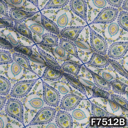 Blue linen cotton fabric with floral paisley motifs