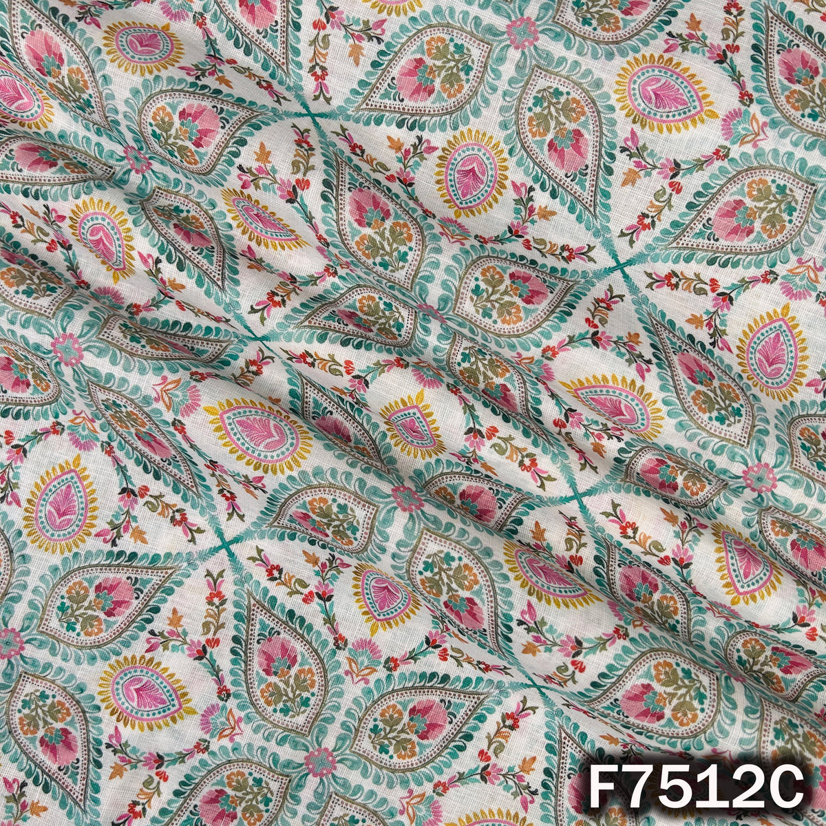 Mint designer linen cotton with paisley medallion pattern